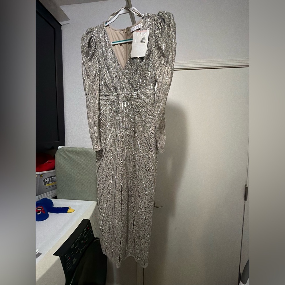 Mac Duggal Silver Sequin Evening Gown